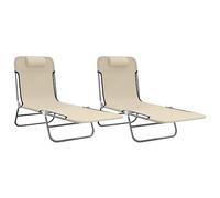 Chaises longues pliantes 2 pièces, Textilène et Acier, Crème | Dossier réglable, cadre en acier enduit de poudre, résistant aux UV, pliable compact, poignée latérale, meuble extérieur