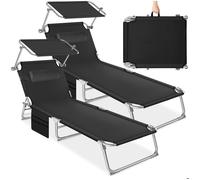tectake® Lot de 2 Chaises Longues Pliables, Dossier 4 Positions, Appui-tête | Toit Pare-soleil réglable en continu, Housse Polyester hydrofuge et respirante, Structure Acier époxy, Poche latérale, noir
