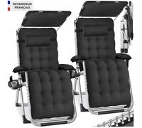 Chaises longues - TECTAKE - Lot de 2 transats CLOUD II pliables avec pare-soleil dossier et repose-pieds réglables - Noir