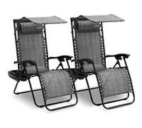 SereneLife Set de 2 Chaises Pliantes - Chaise Longue Réglable pour Extérieur avec Table Latérale, Visière Pare-Soleil, Porte-Gobelets, Oreillers Amovibles - Patio, Jardin, Plage - Gris