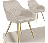 Chaises - TECTAKE - Lot de 2 fauteuils de salle à manger MARYLIN aspect velours et matelassé avec pieds en acier doré - Taupe/Or