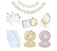 Chaks - Kit déco anniversaire Molang pour enfant, décoration de fête | Accessoires de fête officiels Molang - 8 assiettes, 20 serviettes, 8 pailles, 1 guirlande et 8 cartes d'invitation