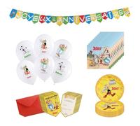 Chaks - Kit décoration anniversaire Astérix pour enfant, déco de fête | Kit officiel d'accessoires de fête Astérix - 8 assiettes, 20 serviettes, 6 ballons, 1 guirlande et 8 cartes d'invitation