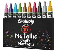 Chalkola 10 Marqueur Craie Métallique - Stylo Craie pour Tableau Noir 6mm | Chalk Marker, Feutre Craie Effacable, Pointe Arrondie et Ciseau Réversible, Album Photo Scrapbooking, Vitres, Verres