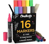 Chalkola 10 Marqueurs Craie & 6 Marqueurs Métalliques pour Tableau Noir, Album photo Scrapbooking, Vitres, Verres - Stylo Craie Effaçable - Lot de 16 avec Pointe Arrondie et Ciseau Réversible 6 mm