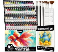 Chalkola Set Aquarelle - Peinture Aquarelle pour Adultes, Enfants, 64 Tubes | 20 Tampons d'Aquarelle, 10 Pinceaux et 1 Palette, 11,3 g par Tube - Coffret de Peinture, Matériel et Fournitures d'Art