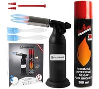 Chalumeau de Cuisine | Kit Complet Chalumeau professionnel + Bouteille de Gaz 300ml+2 Pinceaux Inclus, 2 Sorties de Flamme Rechargeable en gaz Butane Belflam pour Crème Brûlée, Pâtisserie et Barbecue