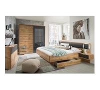 Chambre à coucher complète adulte Angele (lit 180x200 cm King Size + 2 chevets + armoire + commode) imitation chêne poutre