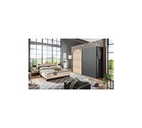 Chambre a coucher complete adulte (lit 180x200 cm + 2 chevets + armoire + commode), coloris chene --