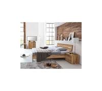 Chambre a coucher complete adulte (lit 180x200 cm + 2 chevets + commode) coloris imitation chene poutre/chrome brillant --