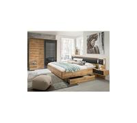 Chambre a coucher complete adulte (lit 180x200 cm King Size + 2 chevets + 2 tiroirs + armoire) coloris imitation chene poutre/graphite --