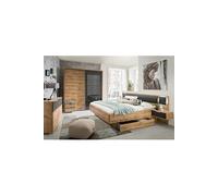 Chambre a coucher complete adulte (lit 180x200 cm King Size + 2 chevets + 2 tiroirs + armoire + commode) coloris imitation chene poutre/graphite --