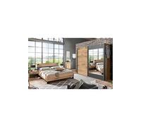 Chambre a coucher complete adulte (lit 180x200cm + 2 chevets + armoire + commode) coloris chene fonce --