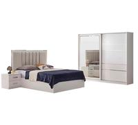 Chambre à coucher Meubles lit double Tables de chevet Complète 4pcs Armoire Beige