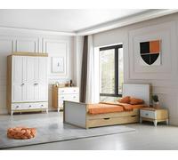 Chambre à coucher moderne 4 pièces avec lit, table de nuit, commode et armoire