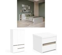 Chambre Adulte Complète Moderne - Lit 140x190/200, Armoire Penderie 4 Portes, Table De Nuit avec Tiroirs - Gamme Clyde - Coloris Blanc Mat & Finitions Chêne