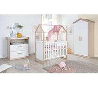 Chambre Bébé Complète Cabane, Lit 60 x 120 cm, Commode à Langer Évolutive, Armoire, Chêne/Blanc, ROBA