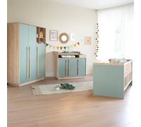 Chambre Bébé Complète Évolutive ROBA - Selva - Lit 70x140 + Commode à Langer + Armoire 3 Portes - Vert Sauge - Effet Noyer