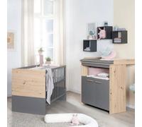 Ensemble de meubles pour bébé roba Anna 2 pièces - lit bébé et lit d'appoint 60 x 120 cm + table à langer avec plateau amovible - en anthracite /Reproduction chêne Kent