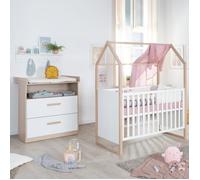 Ensemble de meubles pour bébé roba Cabane 2 pièces - Lit bébé et lit d'appoint 60 x 120 cm + table à langer avec plateau amovible - Chambre d'enfant en blanc /Reproduction chêne