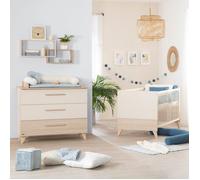 Ensemble de meubles pour bébé roba 2 pièces Sidney - lit bébé 70 x 140 cm transformable + commode à langer avec 3 tiroirs - poignées et pieds en bois massif - beige / chêne