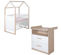 Ensemble de meubles pour bébé roba Cabane 2 pièces - Lit bébé et lit d'appoint 60 x 120 cm + table à langer avec plateau amovible - Chambre d'enfant en blanc /Reproduction chêne