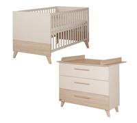 Ensemble de meubles pour bébé roba 2 pièces Sidney - lit bébé 70 x 140 cm transformable + commode à langer avec 3 tiroirs - poignées et pieds en bois massif - beige / chêne