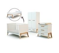 AT4 - Chambre bébé lit, commode à langer 3 Tiroirs + armoire en bois | Lit évolutif 70x140 | Armoire 6 étagères, dont 4 réglables, d'une penderie et d'un tiroir