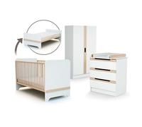 AT4 - Grande Chambre CARROUSEL Blanc et Hêtre Verni | Lit évolutif 70x140 en lit junior| 2 portes avec penderie et 7 tablettes de rangement | Commode avec plan à langer