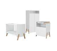 AT4 - Chambre PIRATE Blanc et Hêtre Verni | Lit bébé 60x120 | Armoire 6 étagères dont 4 réglables et une penderie | Plan à langer inclus