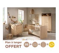 Chambre bébé trio: Lit bébé 70x140 évolutif, commode à langer 3 tiroirs et armoire 2 portes décor bois chêne - ACCESS