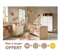 Chambre bébé trio: Lit bébé 70x140 évolutif, commode à langer 3 tiroirs et armoire 2 portes décor bois chêne et blanc - ACCESS
