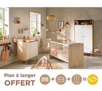 Chambre bébé trio: Lit bébé 70x140 évolutif, commode à langer 3 tiroirs et armoire 2 portes décor bois chêne et blanc - ACCESS