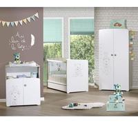Chambre Bébé Trio Teddy, Lit 120x60 cm, Commode à Langer, Armoire, Frêne Cendré et Blanc