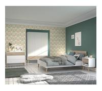 Chambre complète - AALBORG - Scandinave - Blanc / Chêne - Lit 140 x 190 cm, 2 chevets, commode, armoire - PARISOT