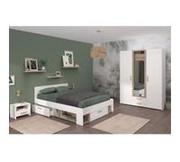 Chambre complete adulte - DREAM - Lit 140x190/200 cm + 2 chevets + armoire - Décor blanc et chene - Blanc G