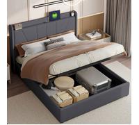 Chambre complete adulte,sommier 160x200,lit deux place,Lit coffre 160x200,lit Capitonné,rangement,ports USB et Type-C,Lin,Gris