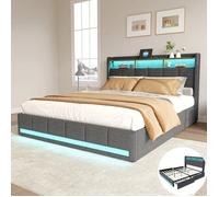 Chambre complete adulte,sommier 160x200,lit deux place,Lit coffre 160x200,lit led 160 x 200,LED,Rangement,USB,4 Tiroirs,Lin,Gris