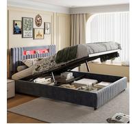 Chambre complete adulte,sommier 160x200,lit deux place,Lit coffre 160x200,lit led 160 x 200,tête rangement-Bande LED-Velours-Gris