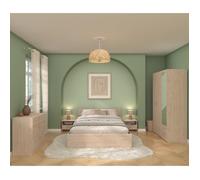 Chambre complète adulte VARIA - Lit 140x190/200 + 2 chevets + 1 commode + 1 armoire avec miroir - Décor Chêne - PARISOT