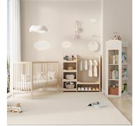 Chambre complète avec lit bébé évolutif, armoire ouverte et bibliothèque rotative 360 degrés - HAVRYA - Bois naturel