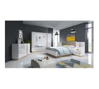 Chambre complète avec Lit coffre 160cm Chevets Commode et grande Armoire - BRYCE - Blanc brillant
