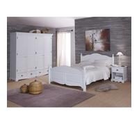 Chambre Complète - Blanche - Style Anglais - Lit 140x190 cm - Armoire 4 portes - Chevet 1 tiroir