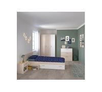 Chambre complète enfant CHARLINE - Lit 90x190 - 1 chevet, 1 armoire 3P, 1 commode - Panneau de particules mélaminé bois clair et blanc