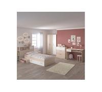 Chambre complète enfant CHARLINE - Lit 90x190 avec environnement, armoire 2P, bureau, commode - Panneau de particules mélaminé bois clair et blanc