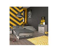 Chambre complète enfant ZIGGY - Lit 90x200 tiroirs, chevet, commode - Chêne gris texturé Anthracite