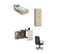 Chambre Complète Etudiante - Style Moderne - Chambre A Coucher Comprenant Lit 90x200, Armoire 2 Portes, Bureau avec Rangement et Chaise De Bureau - Coloris Chêne