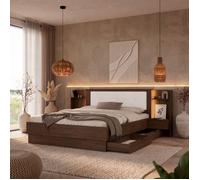 Chambre complète HAIKU - Lit 160x200 avec tête de lit + 2 Chevets suspendus - Panneaux de particules - Décor orme torréfié - PARISOT