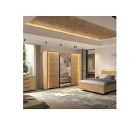 Chambre complète lit 160x200cm avec éclairage led + 2 chevets + commode + armoire aspect bois et noir - LUDY - ALTOBUY
