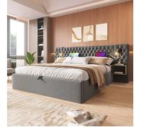 Chambre Complète - Lit Double 160x200 cm avec Rangement Hydraulique et Tête de Lit Éclairée - Velours Gris, Sans Matelas